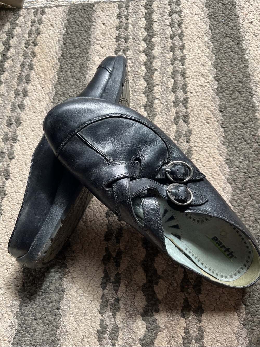 Earth Black Leather Slip-On Loafers with Decorative Buckles